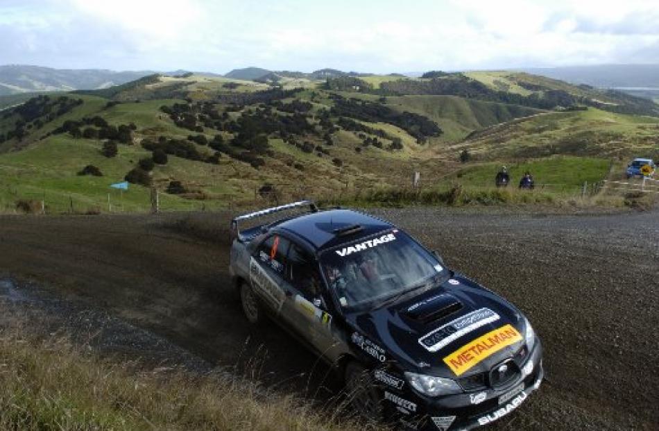 Emma Gilmour flies over Big Stone Rd during the 2008 Rally of Otago. Photo by Gerard O'Brien.