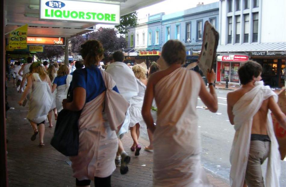 Caught up in the toga parade. Photo by Emily Menkes