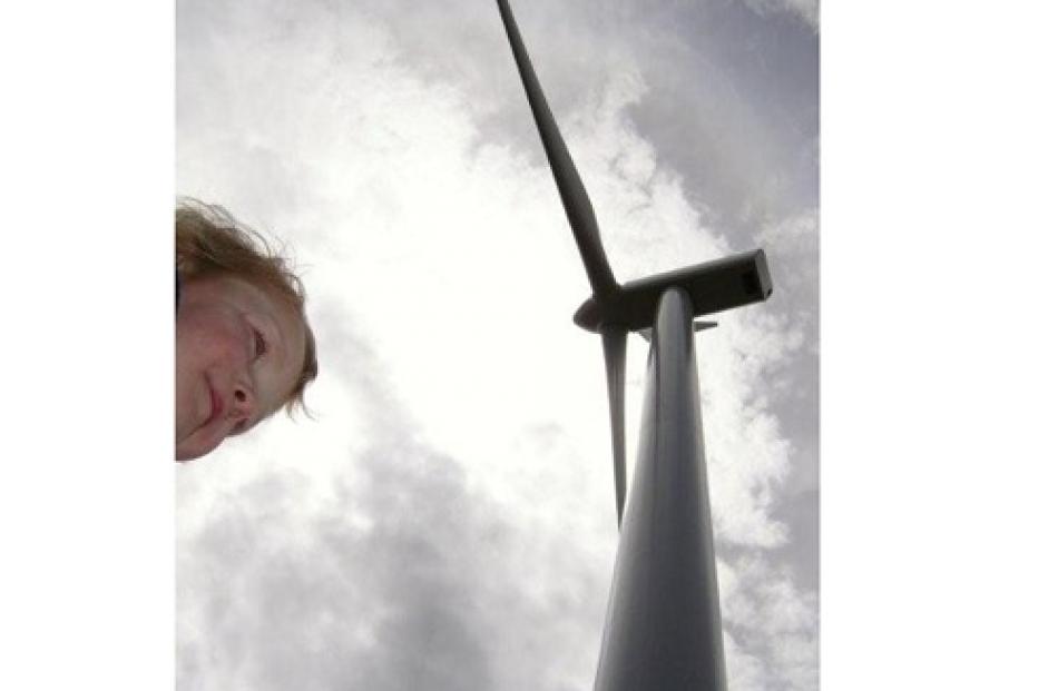 Right, Harry McCallum (8), of Castlerock, Lumsden, looks at one of the wind mills on the White...