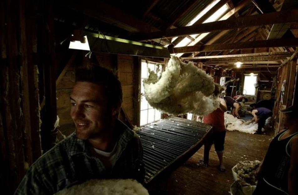 Kelvin Middleton at his farm Queenstown Hill with the shearing gang. Photo by Allan Johnston.