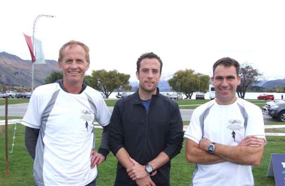 Ed Stevens, of Wanaka, half marathon winner Alun Williams, of Queenstown, and Terry Davis, of...