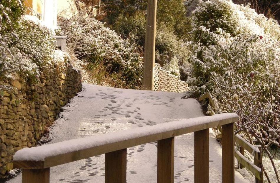 The snow this morning from our house in Leckhampton Court, Dunedin. Grant Musto