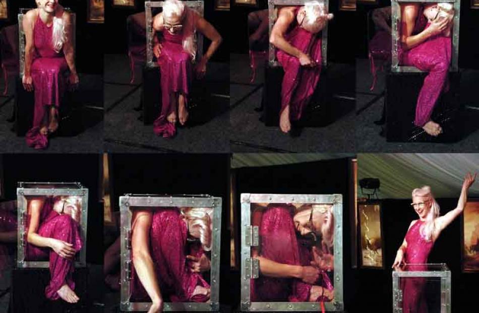 Contortionist Petunia Pink folds herself in to and out of a perspex box. Photos by Gerard O'Brien.