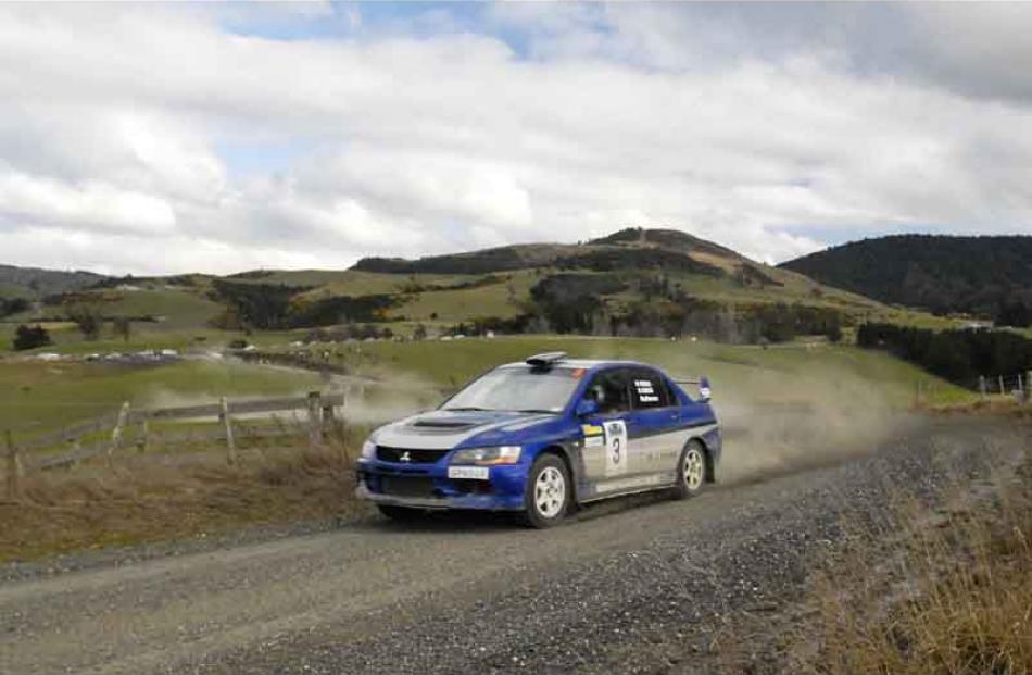 Driver Regan Ross and Co-driver Nigel Ross of Kaikoura in their Mitsubishi EVO 9 on Special Stage...