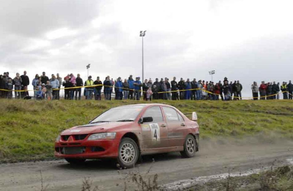 Spectators line the bank to watch Catlins Coast Rally Super Special Stage 8 in Balclutha on...