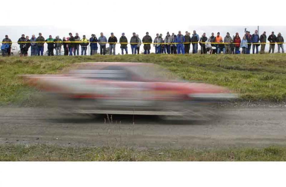 Spectators line the bank to watch Catlins Coast Rally Super Special Stage 8 in Balclutha on...