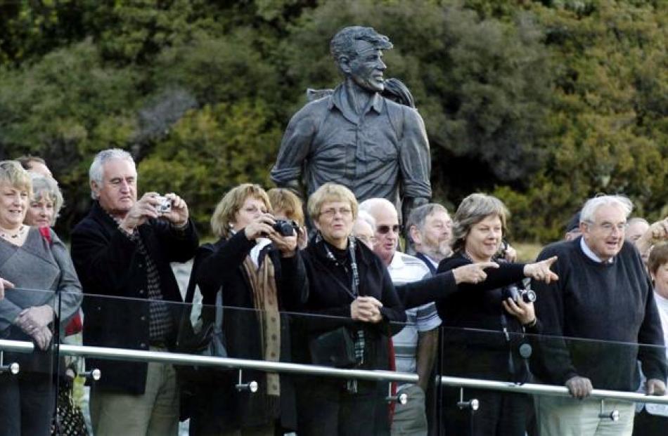 Invited Guests join Sir Edmund on the balcony outside the Sir Edmund Hillary Alpine Centre to...
