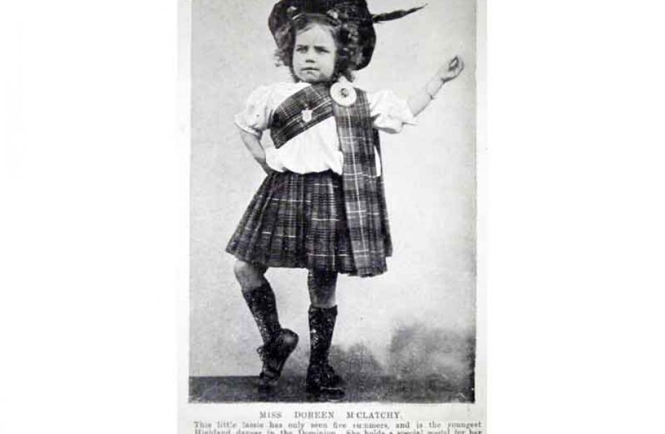 This little lassie, Miss Doreen McLatchy (5), is the youngest highland dancer in the Dominion and...