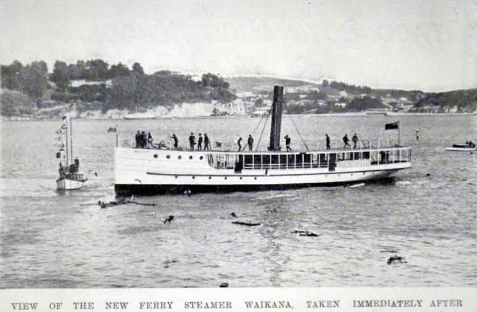 The new Otago Harbour ferry steamer Waikana leaving the ways at her launch on November 13.
