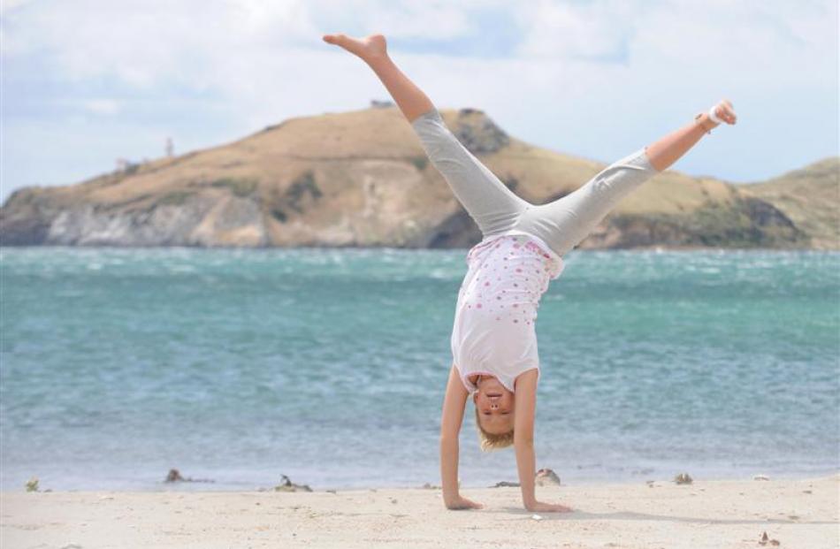 Hannah Humphreys (8), of Albert Town, performs a cartwheel on Aramoana beach yesterday.