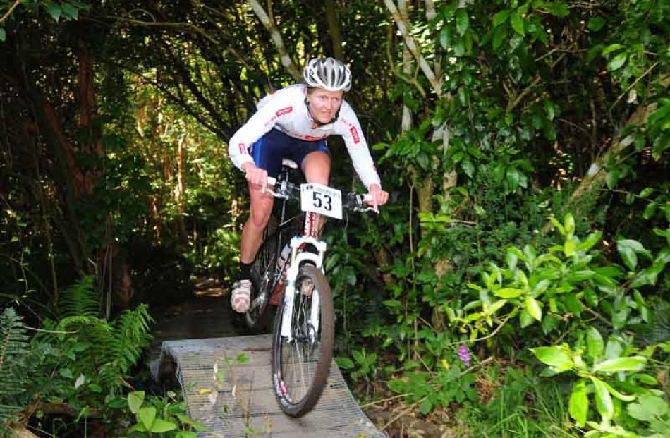 Riders in the NZ Mountain Bike Cup compete at Forester Park on Saturday.