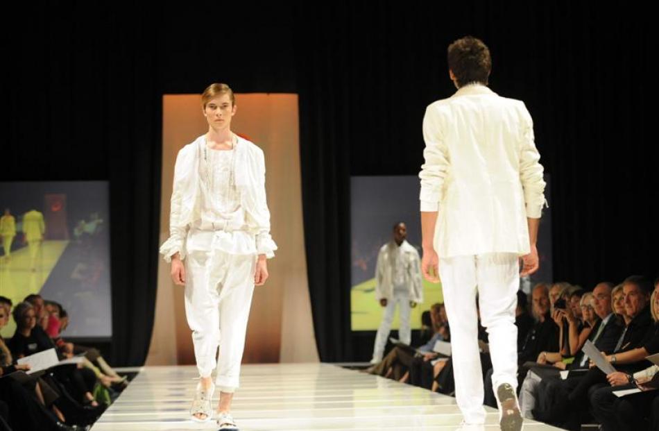 Felix Terpstra, of Ali McD, parades Laura Marshall's "Men in Men's Clothing" collection. Photo by...
