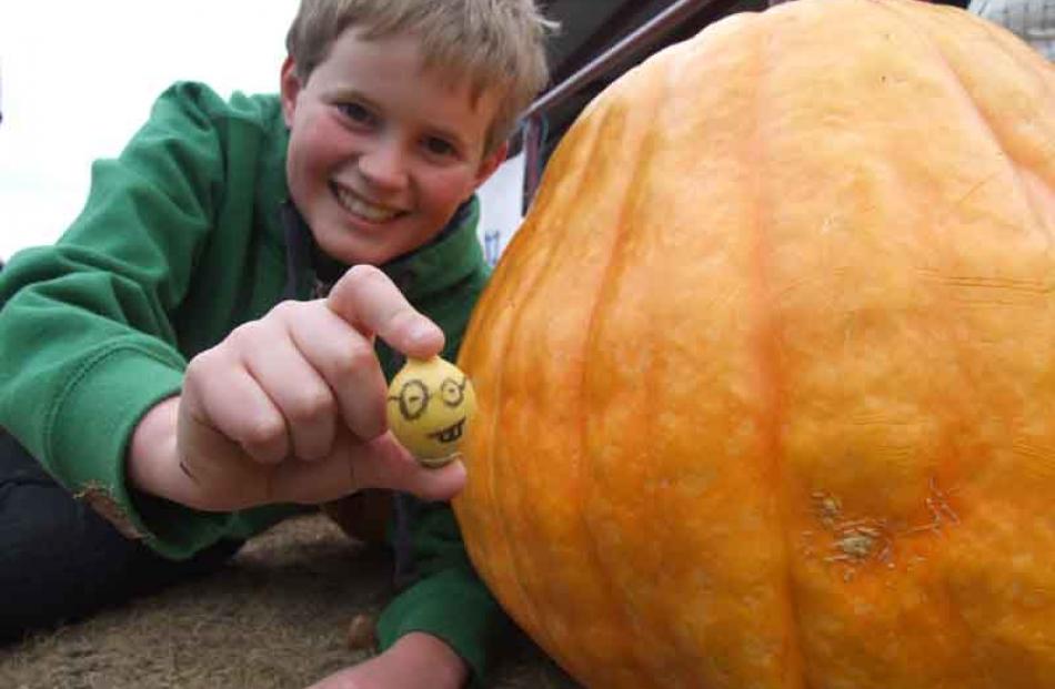Wyatt Ryder holds his entry in Ardgowan School's pumpkin-growing competition, alongside the 44...