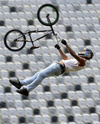 BMX rider Jed Mildon practises  at Forsyth Barr Stadium yesterday. Photo by Peter McIntosh.