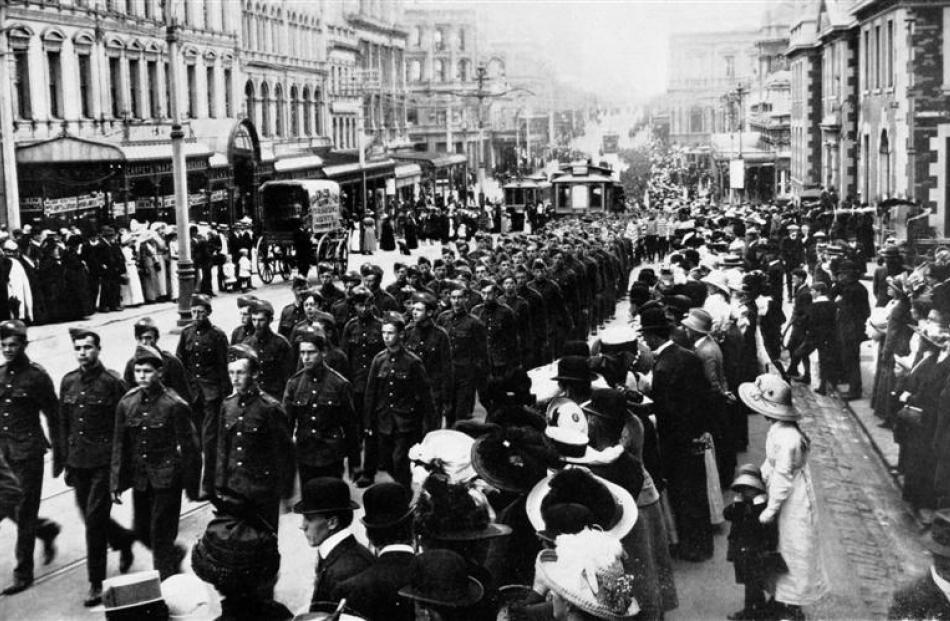 Senior cadets on parade in Princes Street, Dunedin. - Otago Witness, 19.2.1913. Copies of picture...