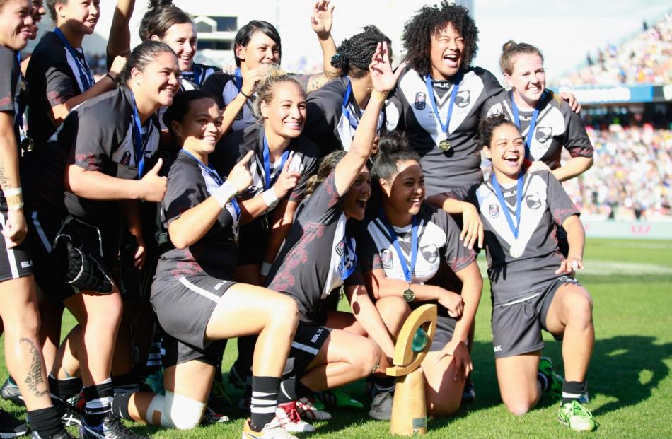 The New Zealand Ferns celebrate following their series win over the Australian Jillaroos during...