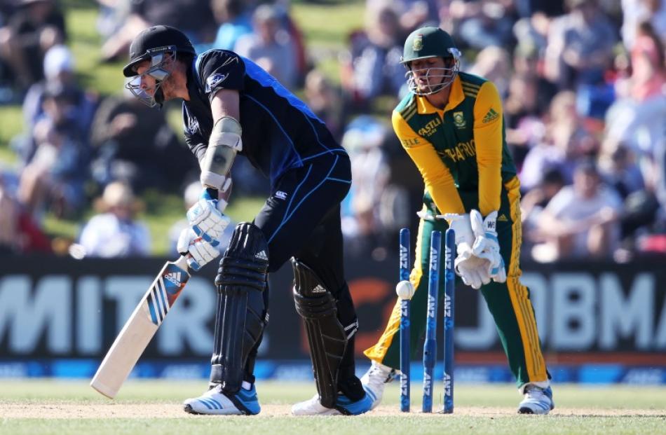 Tim Southee of New Zealand is bowled out during the One Day International match between New...