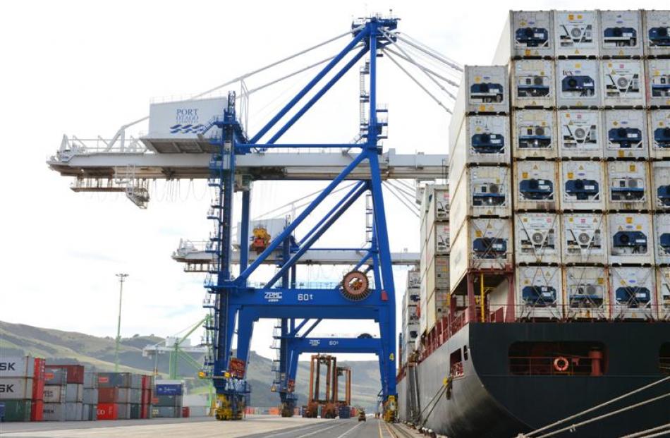 A container ship loading at Port Chalmers.  Photo by Gerard O'Brien.