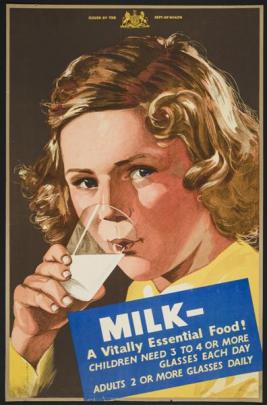 A Department of Health poster from the 1930s extols the virtues of drinking milk.  Image from...