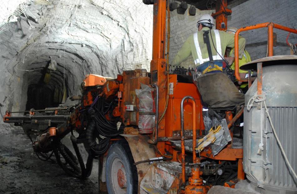 A drilling jumbo working underground at Waihi, where Oceana Gold has stepped up drilling,...