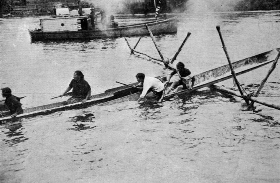 A Maori canoe hurdle race on the Waikato River.- Otago Witness, 8.7.1914.