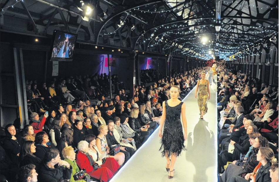 A model wears a Doris Raymond creation on the catwalk at Dunedin Railway Station at the weekend....