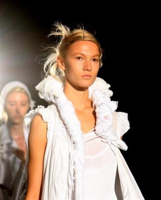 A model wears designs by Nom*D on the catwalk on day two of Air New Zealand Fashion Week off-site...