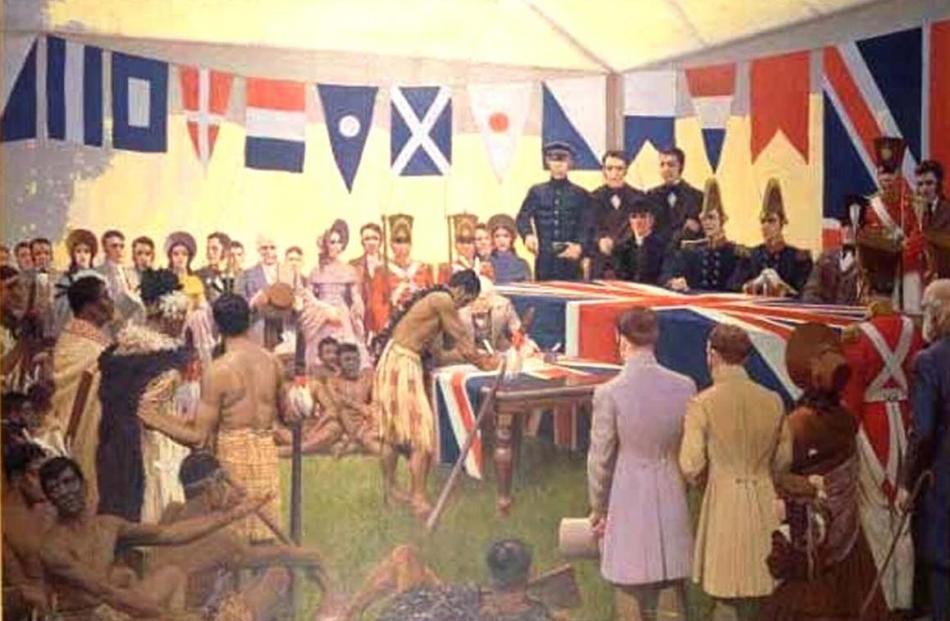 A reconstruction of the signing of the Treaty of Waitangi by Marcus King, painted nearly  100...