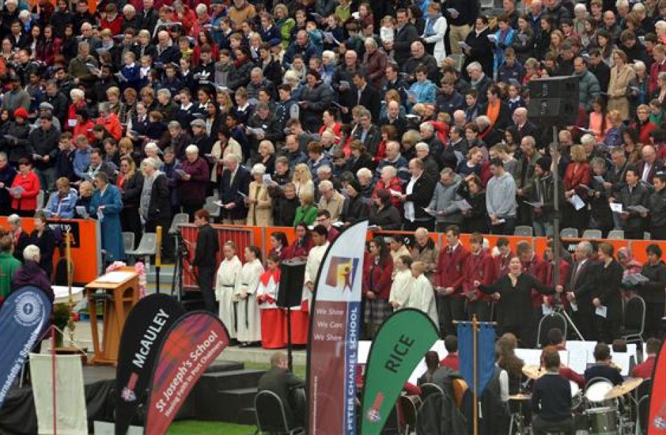 A section of  the crowd at a Mass at Forsyth Barr Stadium yesterday, marking Kavanagh College's...