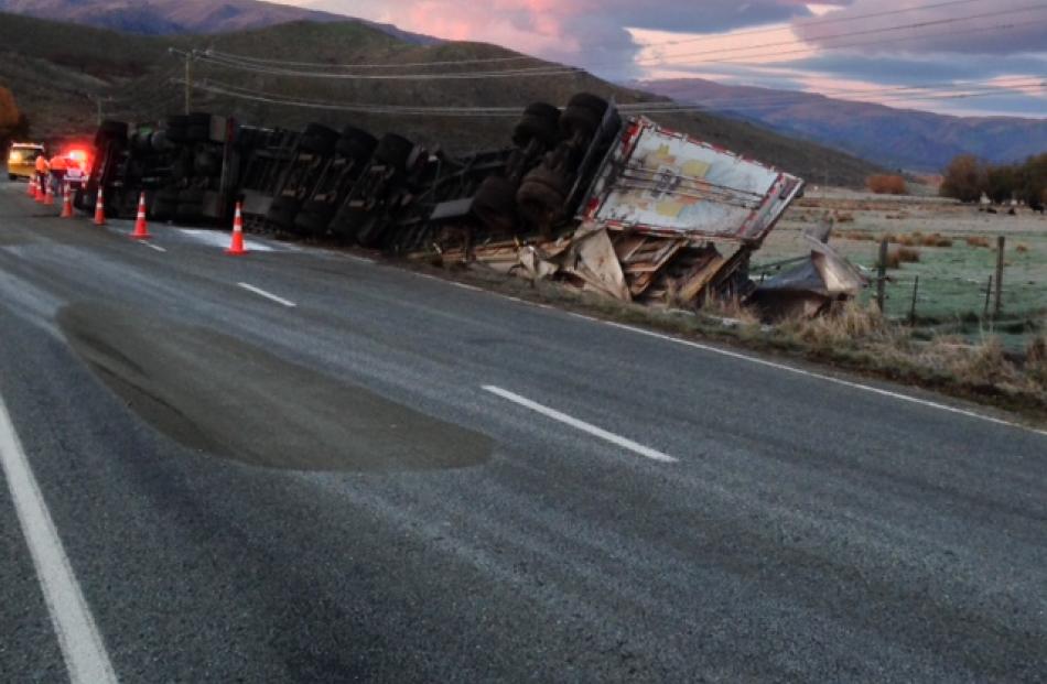 A truck rolled  north of Omarama early this morning. Supplied photo.