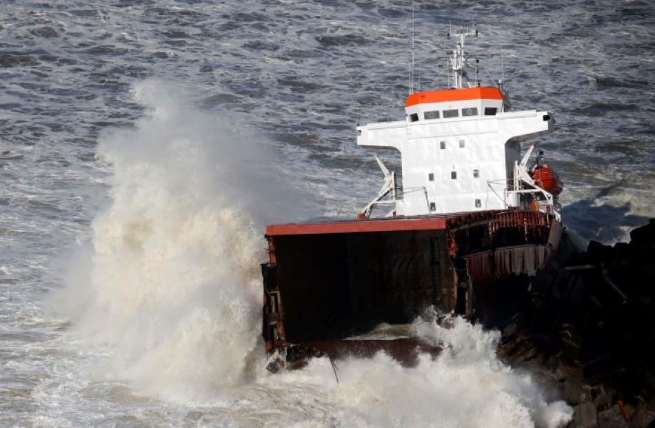 Aerial views show the Spanish cargo broken in two, off the beach in Anglet on the Atlantic coast...