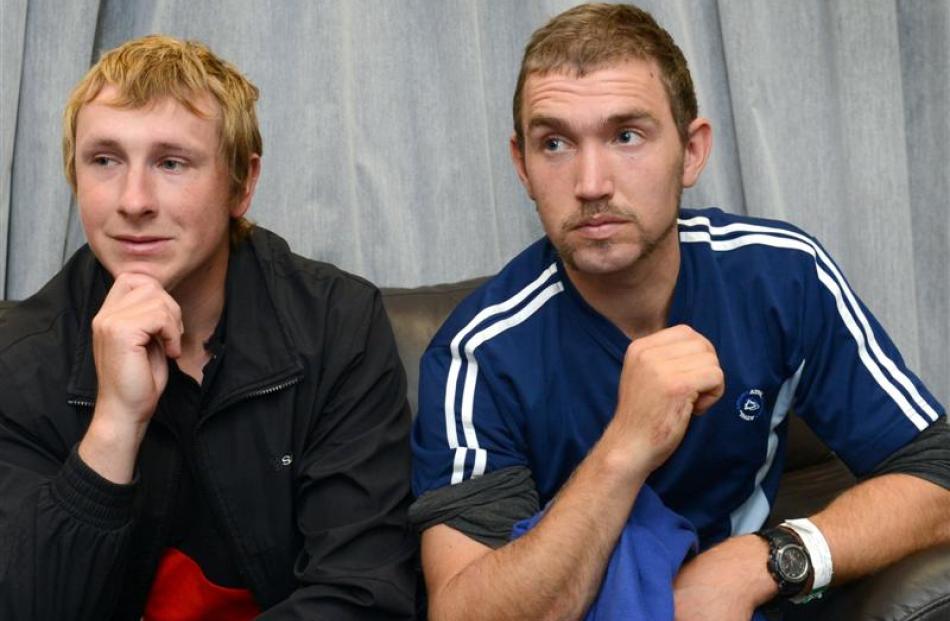 Alex Anfilets (left) and Simon Broekhuizen the day after being rescued  near Taieri Island....