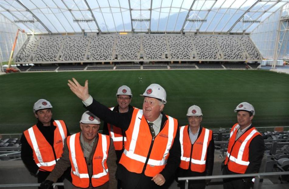 Allied Press managing director Julian Smith tests the acoustics in Dunedin's Forsyth Barr Stadium...