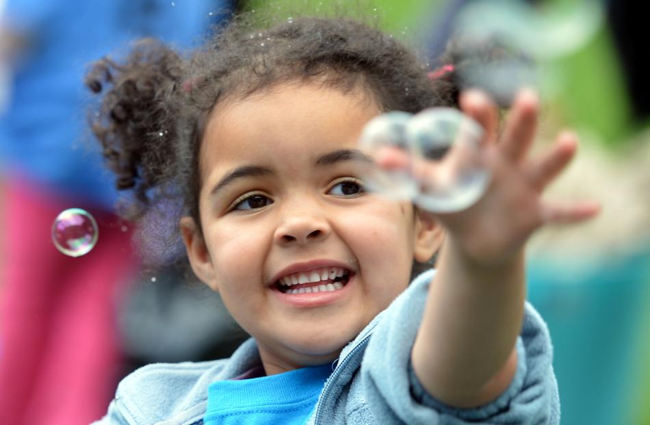 Amber Kasosera (5), of Helen Deem Kindergarten, chases bubbles at the Dunedin Kindergarten...