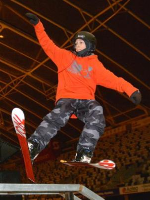 American skier Ryan Stevenson takes to the rail during the Red Bull Indoor Winch Jam at Forsyth...