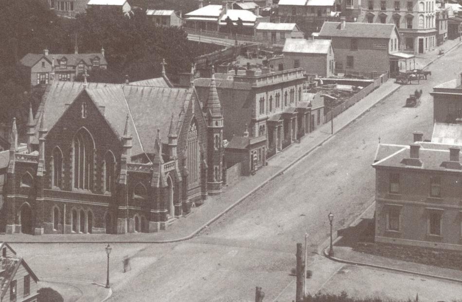 An 1880s photograph showing Trinity Wesleyan Church (now the Fortune Theatre) and Chapman's...