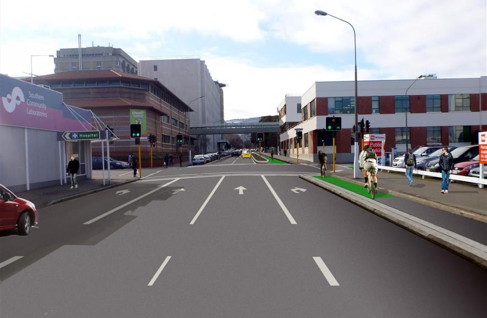 An artist’s impression of the separated cycleways, showing Cumberland St as it approaches Dunedin...