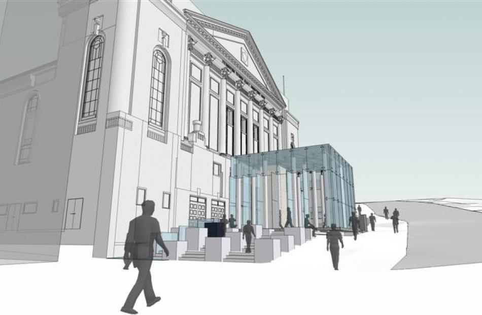 An artist's impression of the now rejected glass-cube entrance to the Dunedin Town Hall.