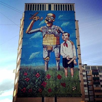 An example in Kazan, Russia, of the work of Italian street artist Pixel Pancho, who is to paint...
