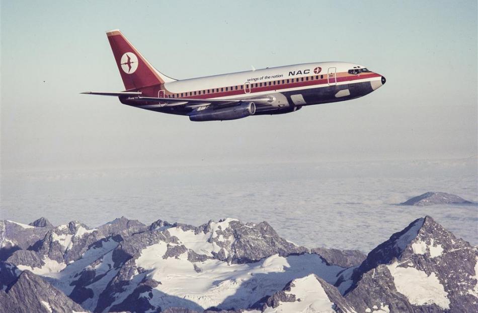 An NAC plane in its 1970s livery flies over the Southern Alps. Perhaps destined for Dunedin....