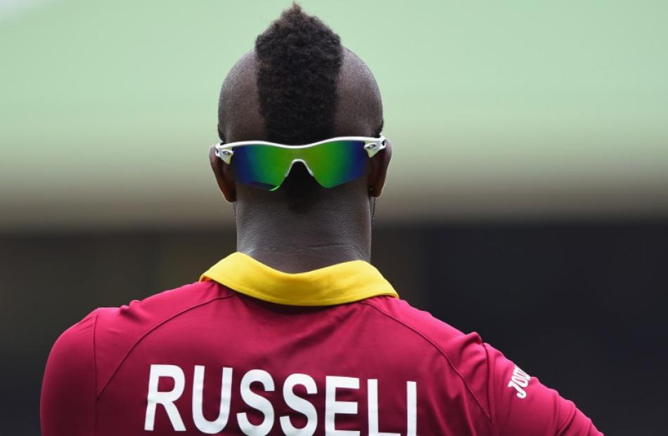 Andre Russell of the West Indies fields during the ICC Cricket World Cup warm up match between...