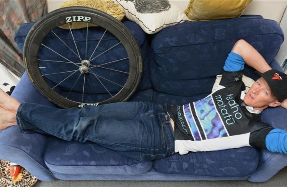 Andrew Nicholson recuperates at his Portobello home yesterday afternoon after his long ride....