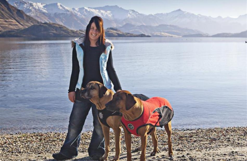 Angela Hook, with Jack and Annie, modelling some of the D-fa range of dog jackets. Photo by...