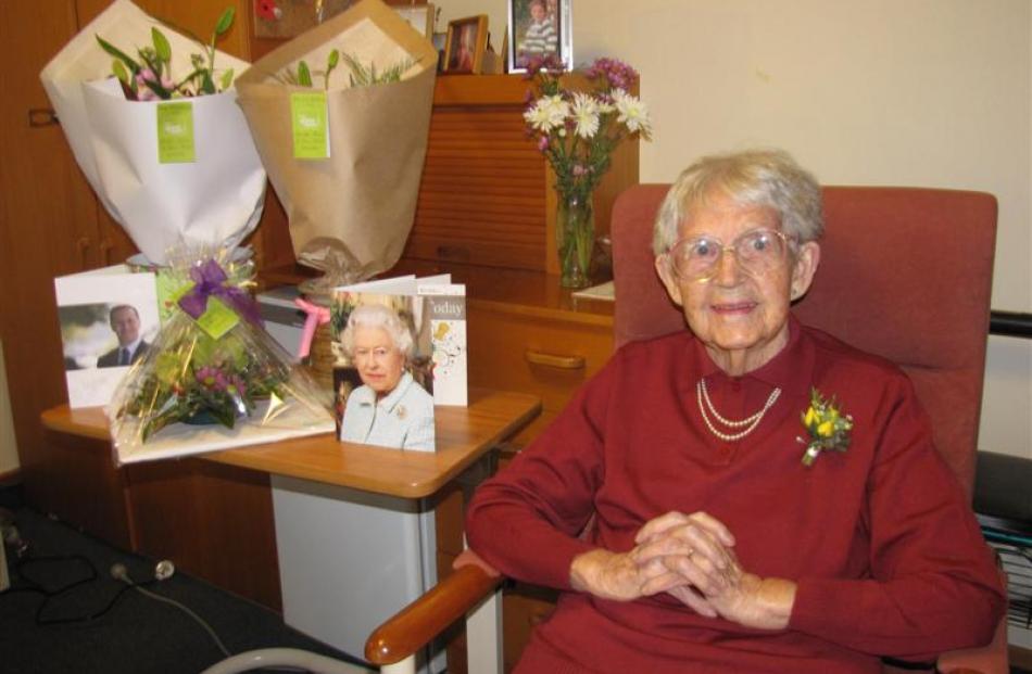 Anne Dickinson celebrates her 100th birthday at Wanaka's Elmslie House rest-home yesterday. Photo...