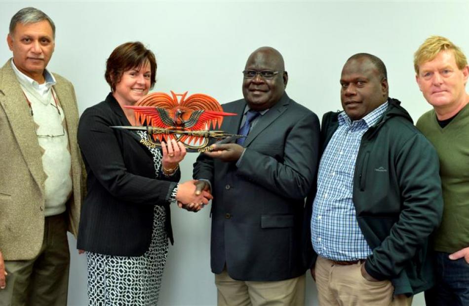 At the Otago Chamber of Commerce in Dunedin yesterday Bougainville governor Joe Lera (centre)...