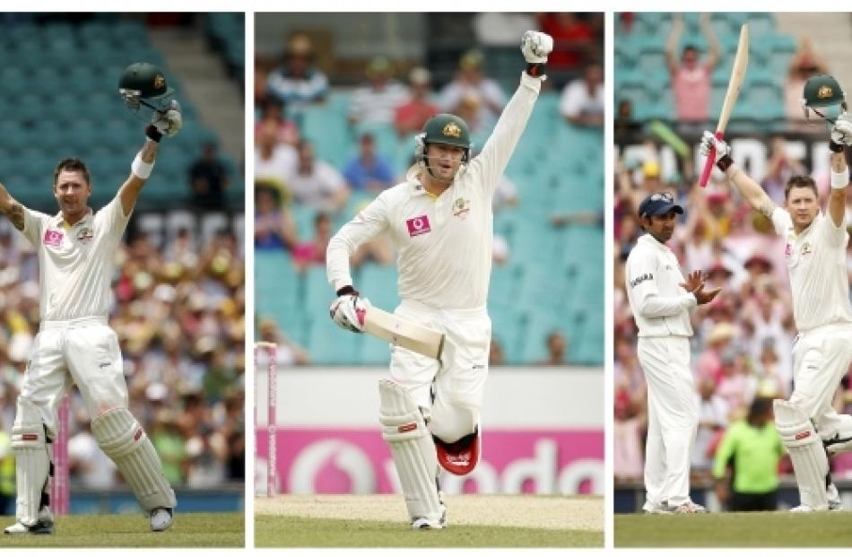 Australia's captain Michael Clarke celebrates reaching his century (left) and double century on...