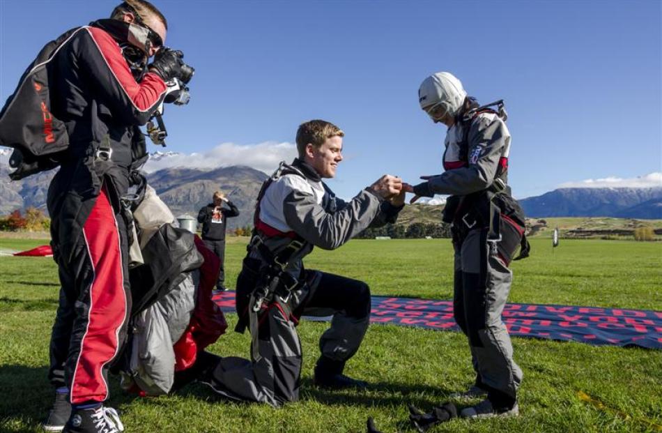 Australian couple Chris Bartram and Belinda Salem get engaged after skydiving in Queenstown....
