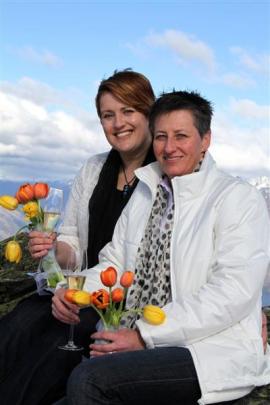 Australians Sandra Gibney (left) and Jo Christie after their civil union ceremony on the...