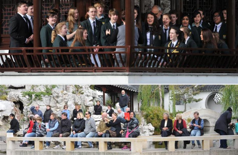 Bayfield High School pupils sing at the Dunedin Chinese Garden at the weekend in preparation for...