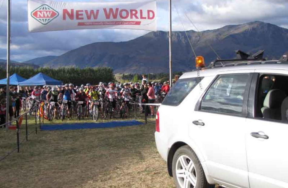 Bikers get ready for the lead car to guide them through the start area near Millbrook.